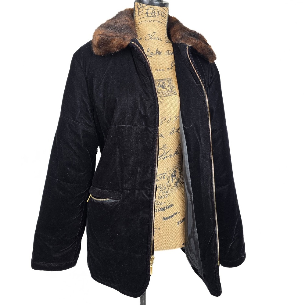 Jones New York Black Velvet Faux Fur Collar‎ Quilted Jacket J39771 Large